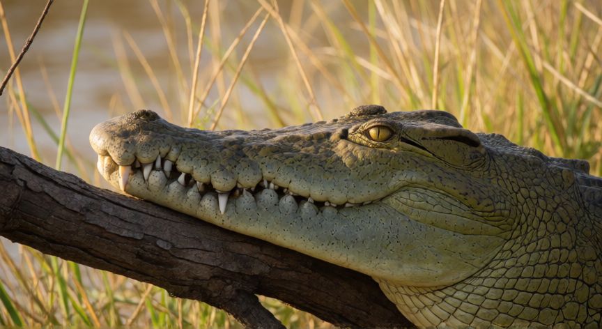 que animal tiene la mordida mas fuerte, Cabeza de cocodrilo del Nilo con la mandíbula cerrada sobre una rama en la orilla de un río africano