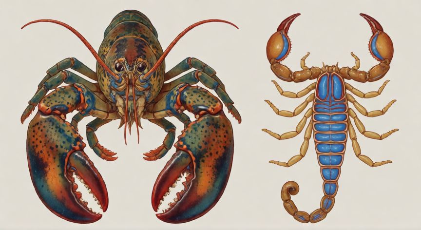 que animal tiene la sangre azul, Langosta y escorpión en vista de corte mostrando su hemolinfa azul