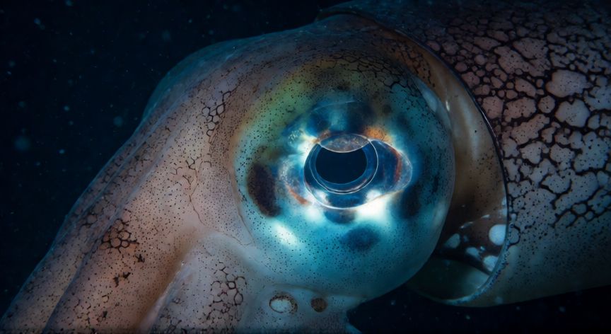 que animal tiene los ojos mas grandes, Primer plano del enorme ojo de un calamar colosal en aguas profundas