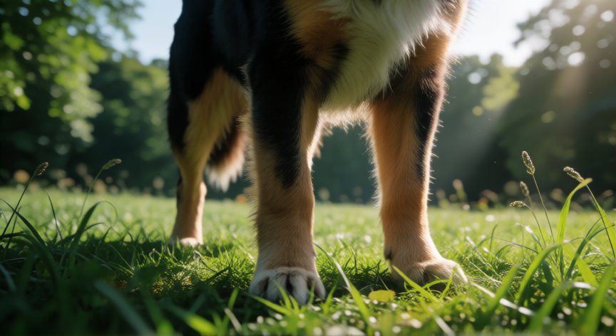qué animal tiene tres patas, Perro con tres patas caminando en un prado verde