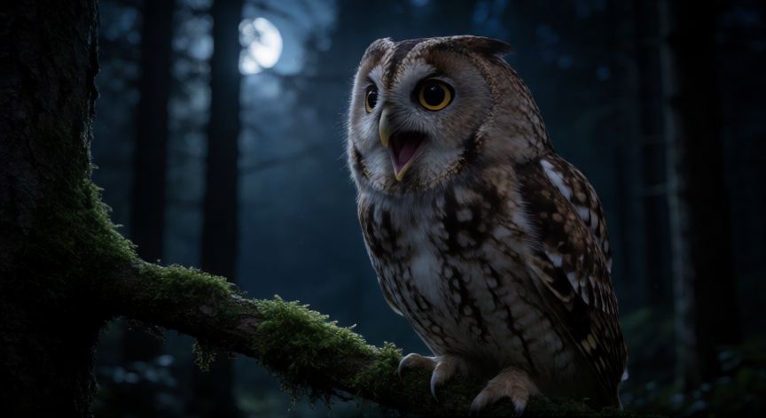 que animal ulula, Lechuza ululando en un bosque nocturno bajo la luna