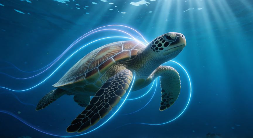 que animal usa el campo magnetico para navegar, Tortuga marina nadando con líneas del campo magnético terrestre