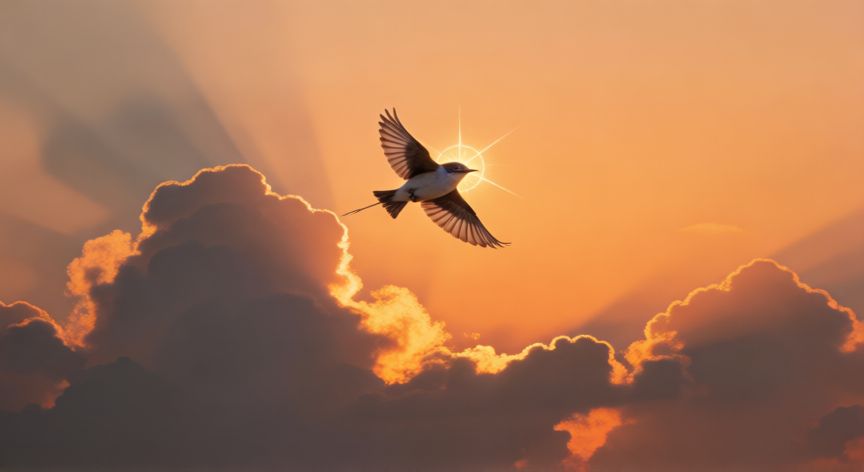 que animal usa el campo magnetico para navegar, Ave migratoria volando al atardecer con brillo en la cabeza