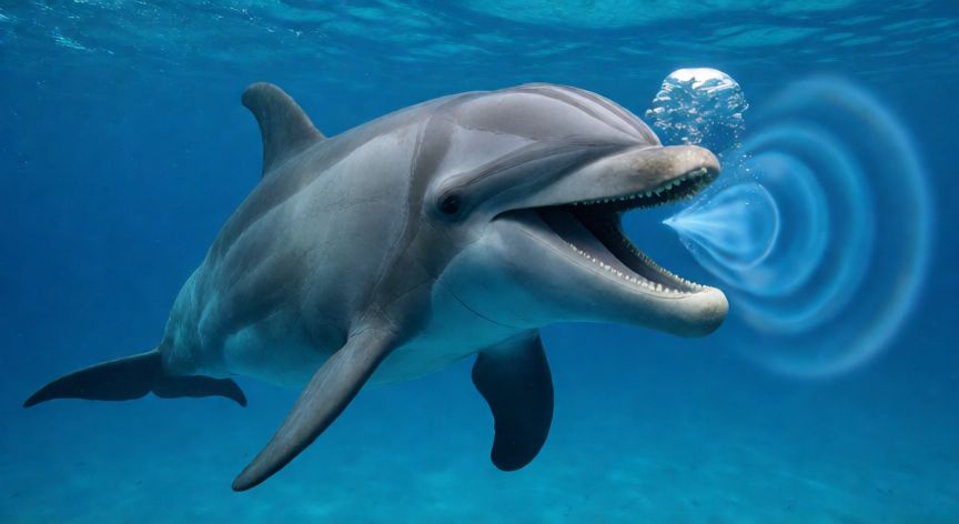 que animal usa la ecolocalizacion, Delfín nadando bajo el agua emitiendo clics ecolocalizadores