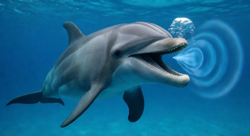 que animal usa la ecolocalizacion, Delfín emitiendo clics de ecolocalización bajo el agua