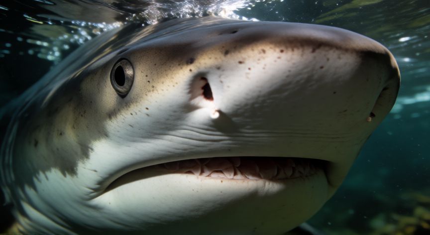 Cabeza de un tiburon mostrando los organos sensoriales en el hocico
