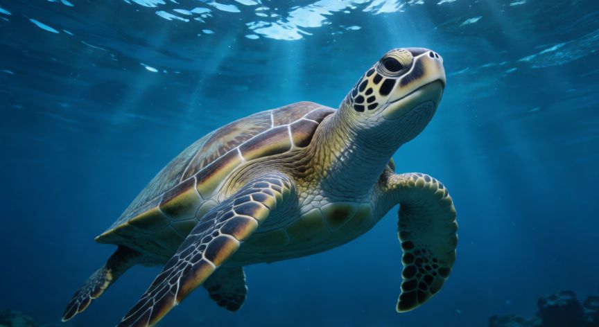 qué animal usa otros sentidos para sobrevivir, Tortuga marina nadando en el oceano profundo bajo la luz del sol