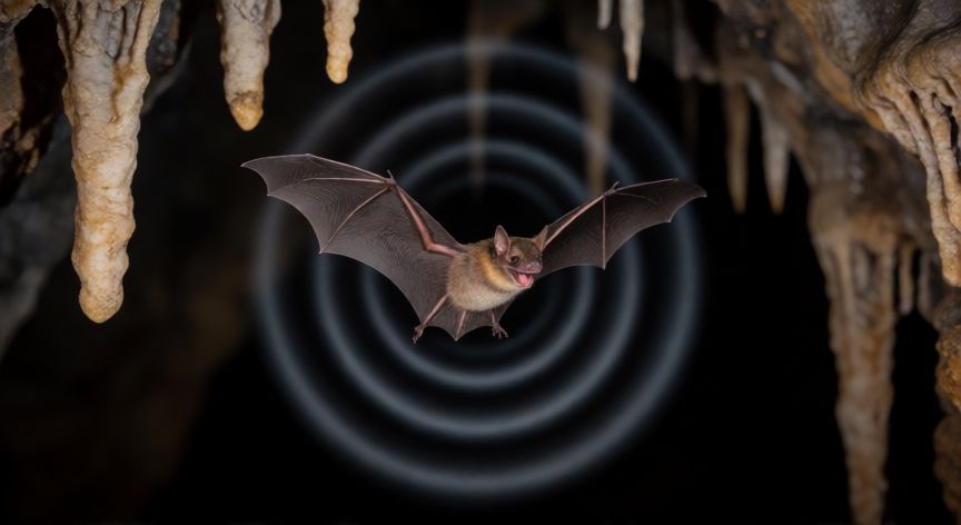 que animal usa otros sentidos para vivir, Murciélago emitiendo ondas de sonido en una cueva oscura usando ecolocalización.