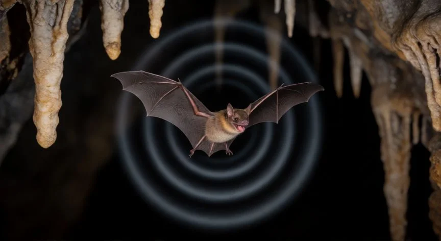 Murciélago emitiendo ondas ultrasónicas en una cueva oscura para cazar