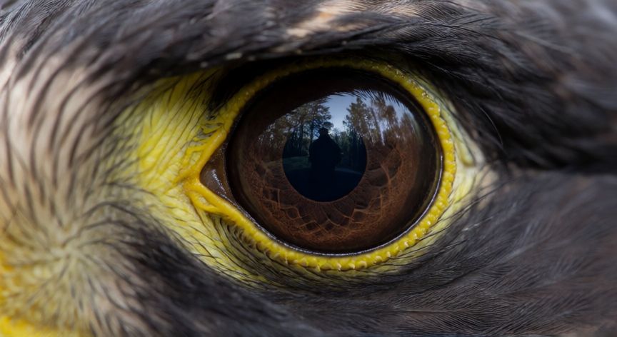 que animal usa sus sentidos para sobrevivir, Primer plano del ojo de un halcon peregrino mostrando su aguda vision