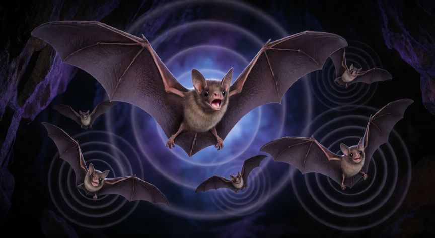 que animal usa sus sentidos para sobrevivir, Murcielagos volando en una cueva oscura emitiendo ondas de sonido para ecolocalizar