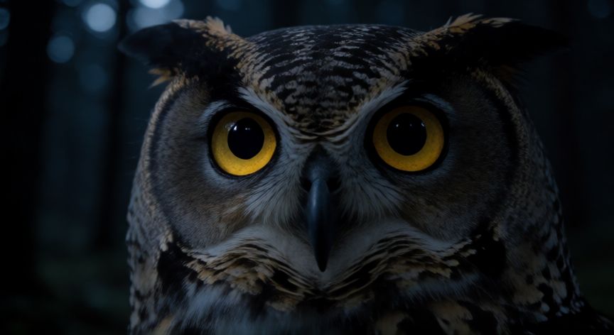 que animal usa todos los sentidos para sobrevivir, Primer plano de la cara de un búho en la oscuridad