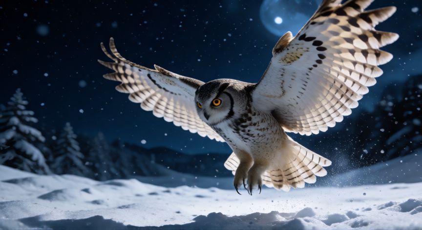 que animal usa todos los sentidos para sobrevivir, Búho volando sobre un campo nevado bajo la luna