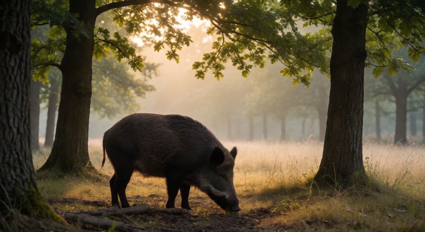 que animal usan para buscar trufas, Jabalí buscando trufas en un bosque de encinas al amanecer