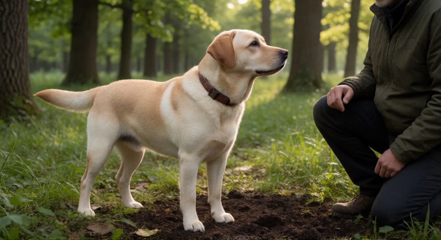 que animal usan para buscar trufas, Perro labrador señalando la ubicación de una trufa en un bosque