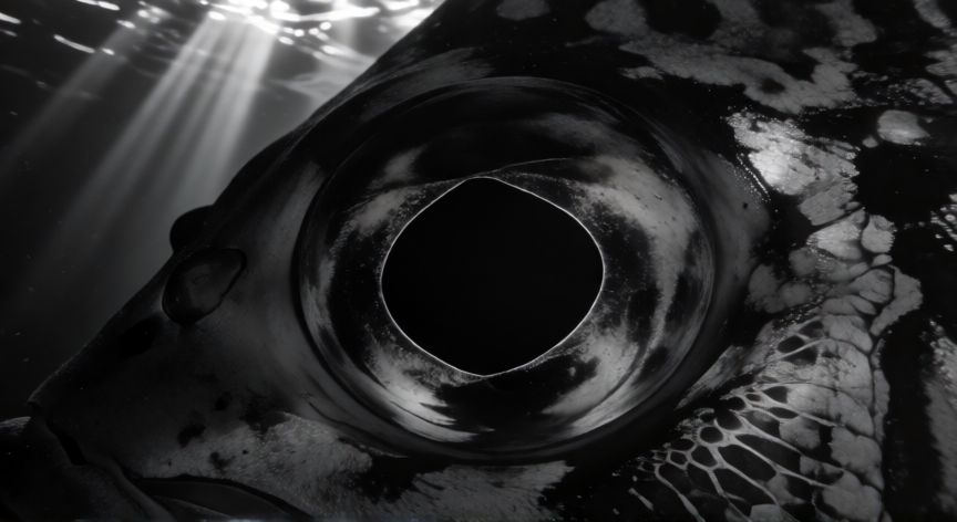 que animal ve en blanco y negro, Ojo de un pez abisal reflejando un entorno submarino en escala de grises
