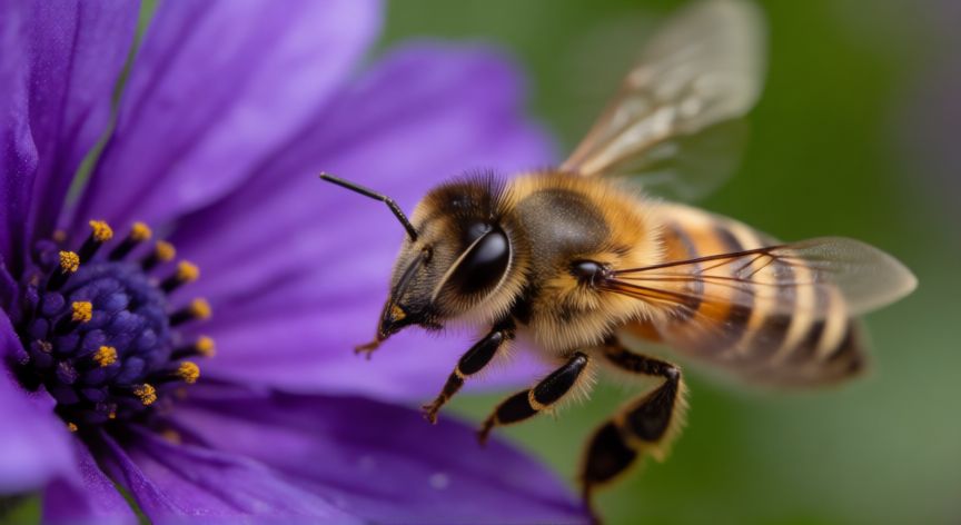 que animal ve mas colores, Próximo de una abeja pollinizadora frente a una flor púrpura mostrando su visión tetracromática