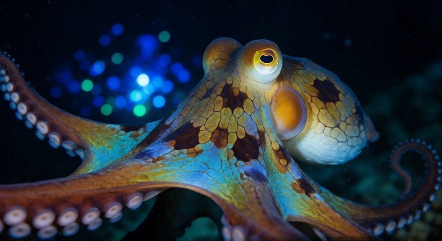que animal vive 24 horas, Pulpo en el fondo marino mostrando su estado de alerta constante