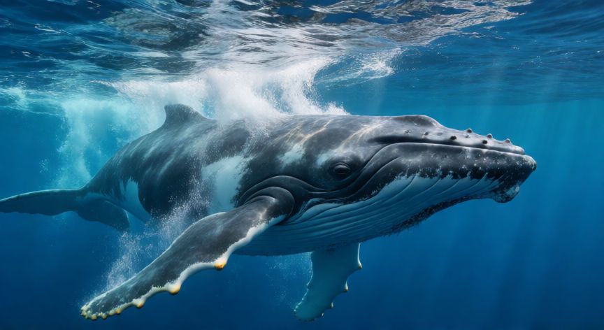 que animal vive en el agua pero respira aire, Ballena jorobada emergiendo de la superficie del océano