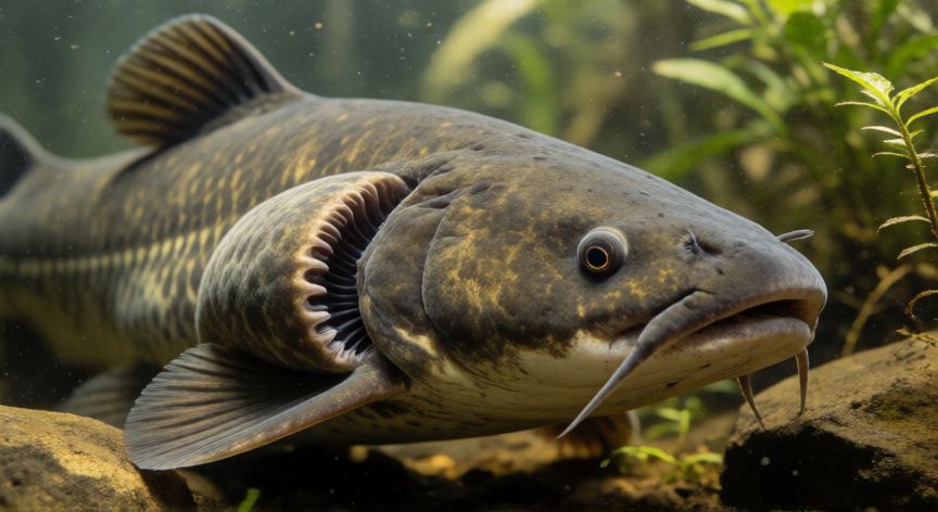 que animal vive en el agua pero respira aire, Pez pulmón nadando en un río de aguas poco oxigenadas
