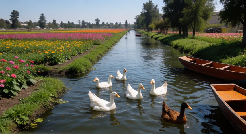 que animal vive en xochimilco, Patos nadando en los canales de Xochimilco entre chinampas floridas