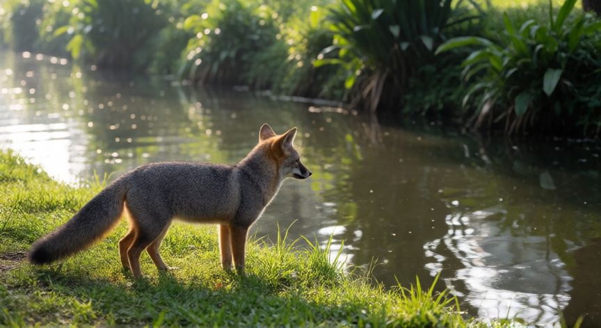 que animal vive en xochimilco, Zorro gris en la orilla de un canal en Xochimilco