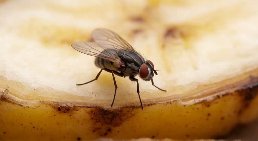 que animal vive menos tiempo, Mosca de la fruta posada sobre una plátano maduro, ejemplo de animal de vida corta