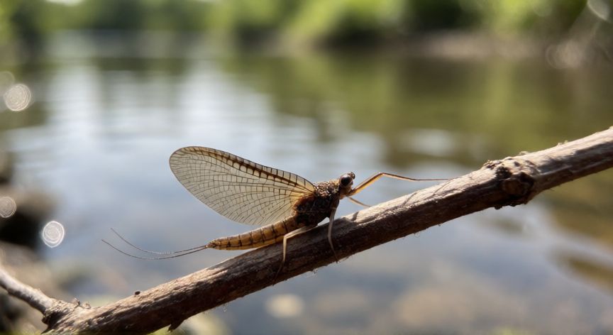 que animal vive menos tiempo, Efímera o mayfly en una rama cerca del agua, insecto con vida adulta de menos de un día