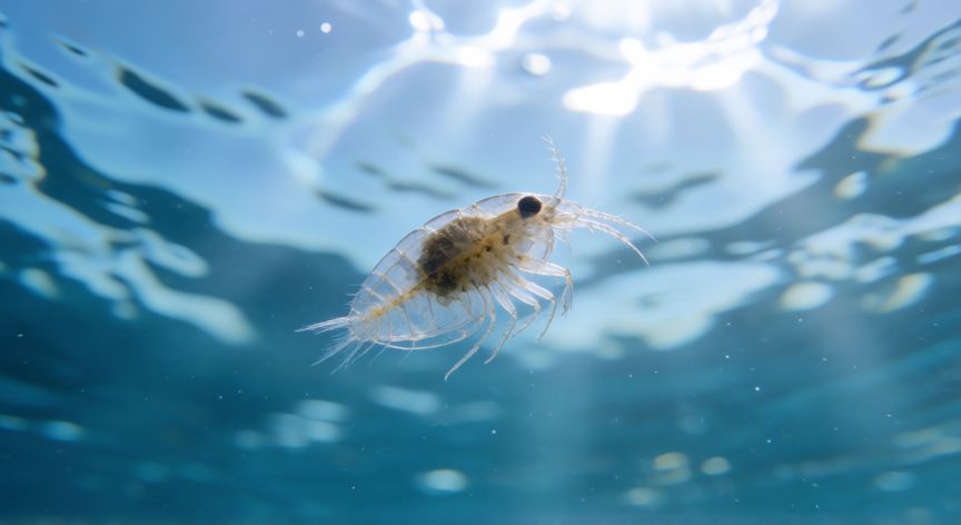 que animal vive un dia, Copépodo marino transparente nadando en agua azul