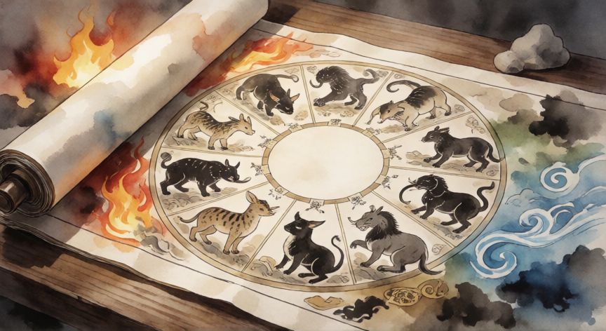 Calendario chino tradicional con los doce animales del zodiaco y elementos