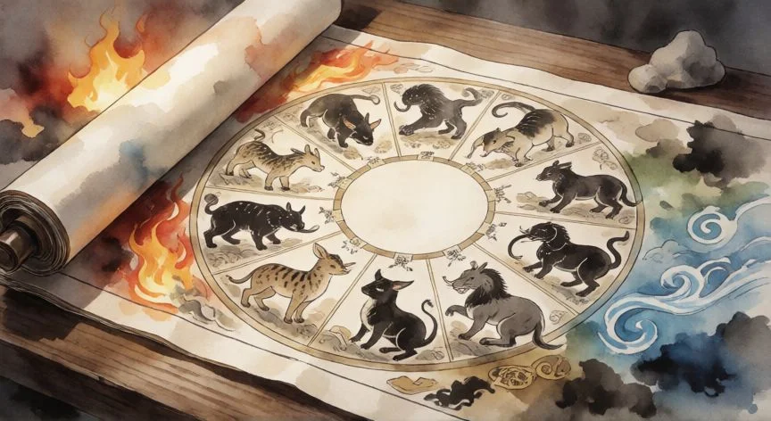 Persona estudiando el zodiaco chino en calendario antiguo
