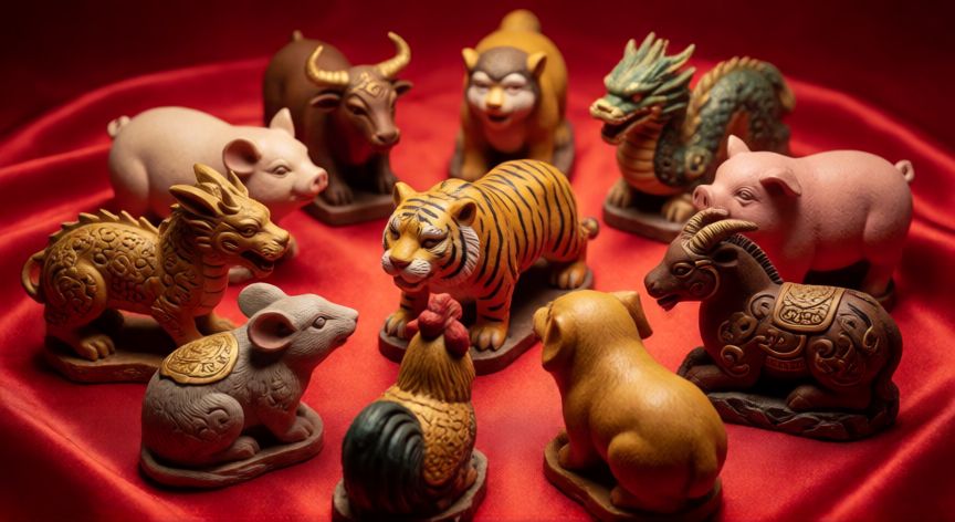 Los doce animales del zodiaco chino representados en estatuas tradicionales sobre seda roja