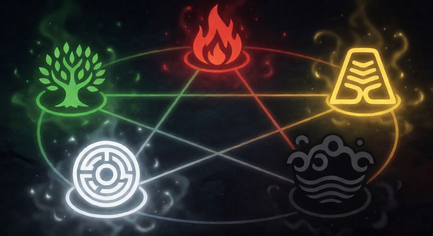 que animal y elemento soy en el horóscopo chino, Diagrama de los cinco elementos chinos: madera, fuego, tierra, metal y agua con sus símbolos interconectados