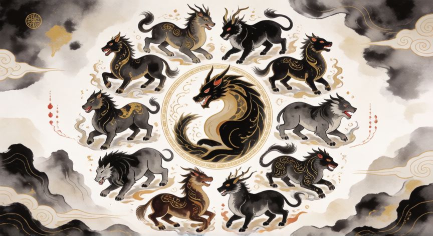 Ilustración de los doce animales del zodiaco chino en un diseño circular tradicional