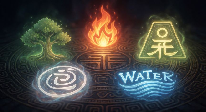 que animal y material soy en el horoscopo chino, Símbolos de los cinco elementos chinos brillando en un diseño místico