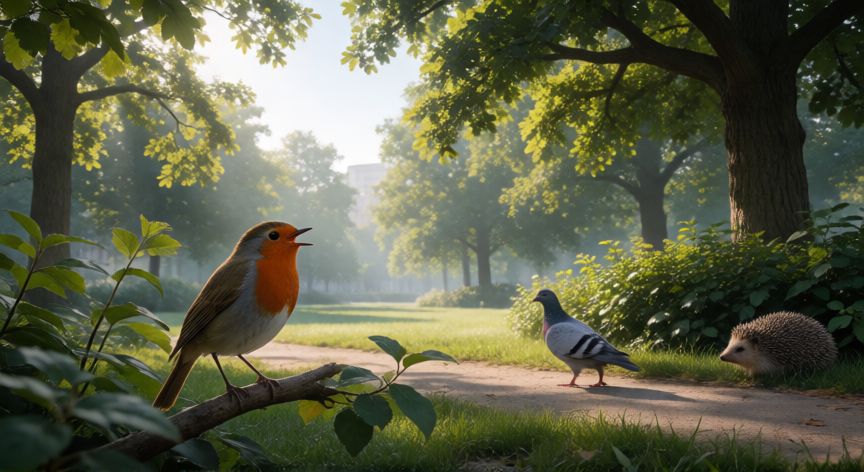 qué animal y plantas observan con mayor frecuencia, Aves urbanas y fauna pequeña en un parque soleado