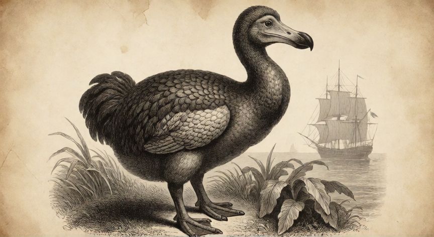 qué animal ya está extinto, Ilustración histórica de un dodo en su hábitat natural en la isla de Mauricio