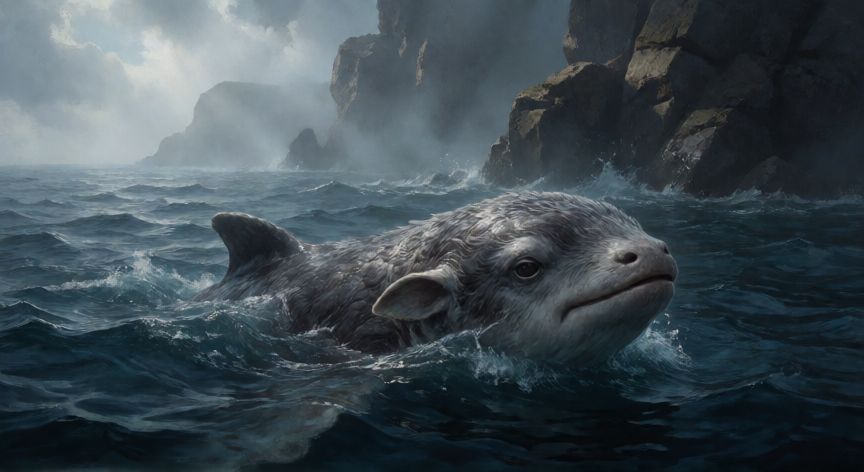 qué animal ya está extinto, Representación de un lobo del mar de Steller nadando en aguas frías cerca de las costas