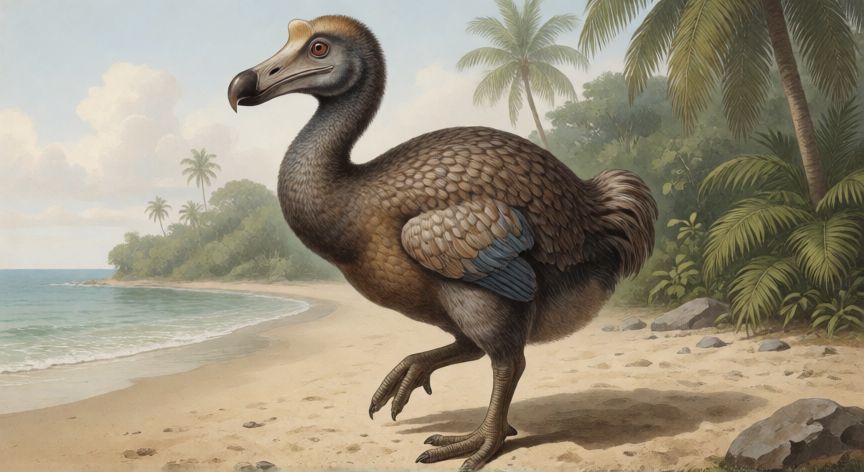 qué animal ya no existe, Ilustración realista de un Dodo en su hábitat natural antes de su extinción