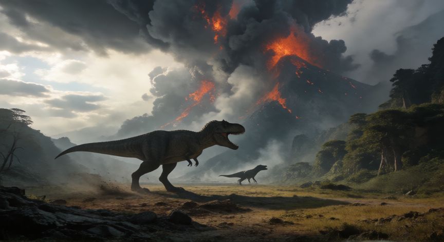 qué animal ya no existe, Paisaje prehistórico con dinosaurios y erupciones volcánicas marcando la gran extinción