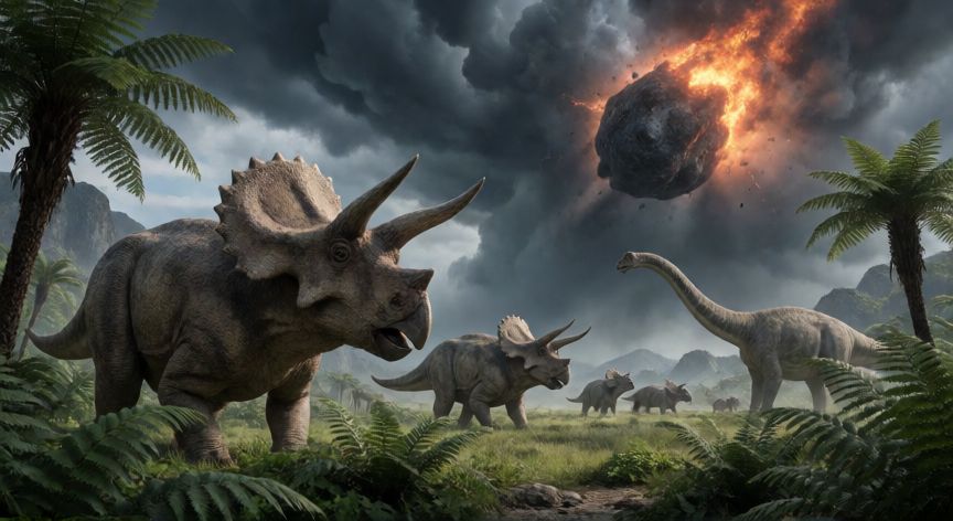 qué animal ya se extinguió, Dinosaurios en un paisaje prehistórico con un asteroide en el cielo