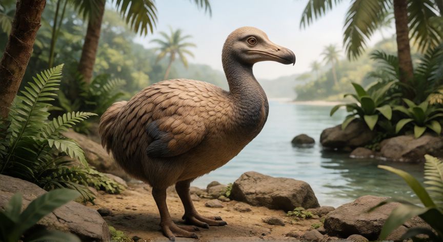 qué animal ya se extinguió, Dodo en un diorama de museo con vegetación tropical