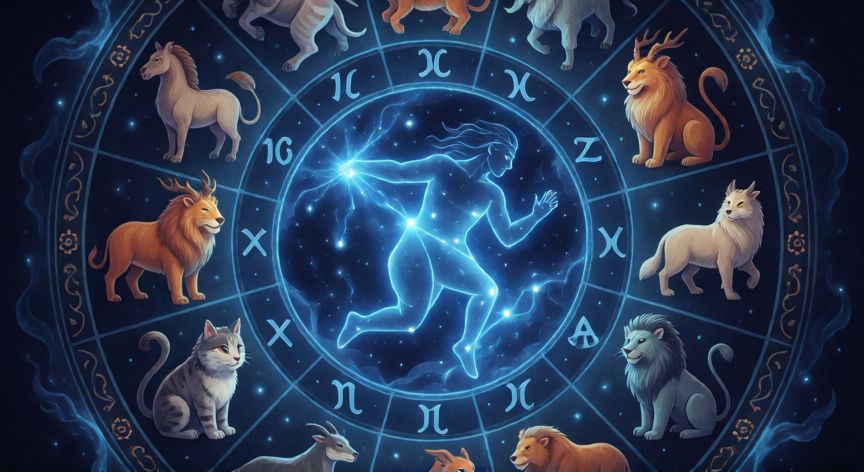 Rueda del zodiaco chino con la constelación de Acuario en el centro