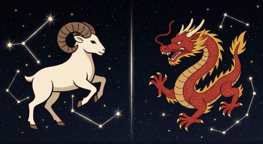 Simbología comparada entre el signo de Aries y el dragón chino en un fondo estrellado