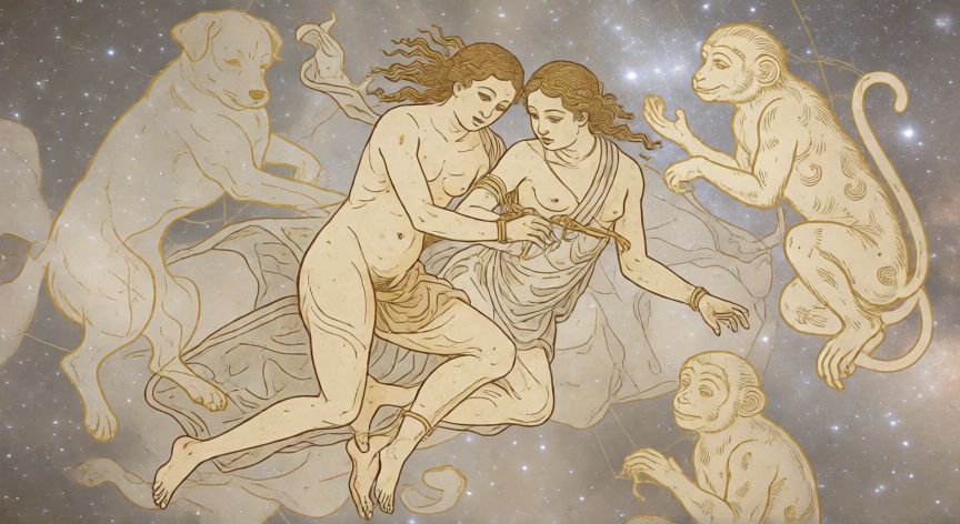 que animal zodiacal es geminis, Mapa astronómico antiguo que une las constelaciones occidentales con símbolos del zodiaco chino