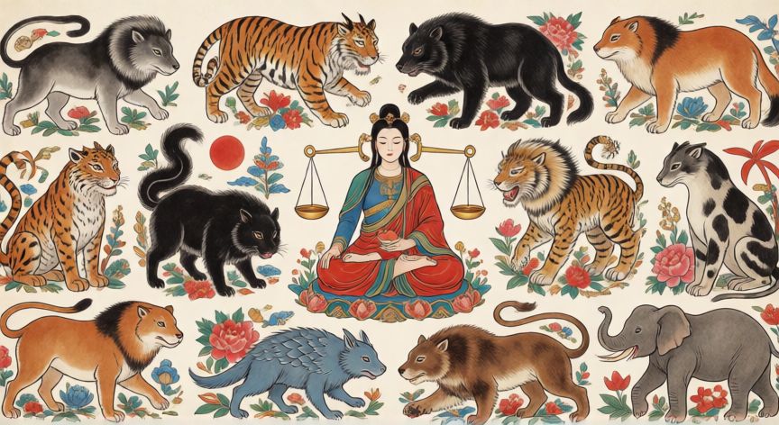 que animal zodiacal es libra, Los doce animales del zodiaco chino rodeando al signo de Libra