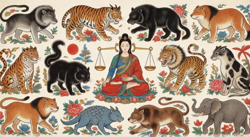 que animal zodiacal es libra, Los doce animales del zodíaco chino en círculo con el Perro resaltado en la posición undécima