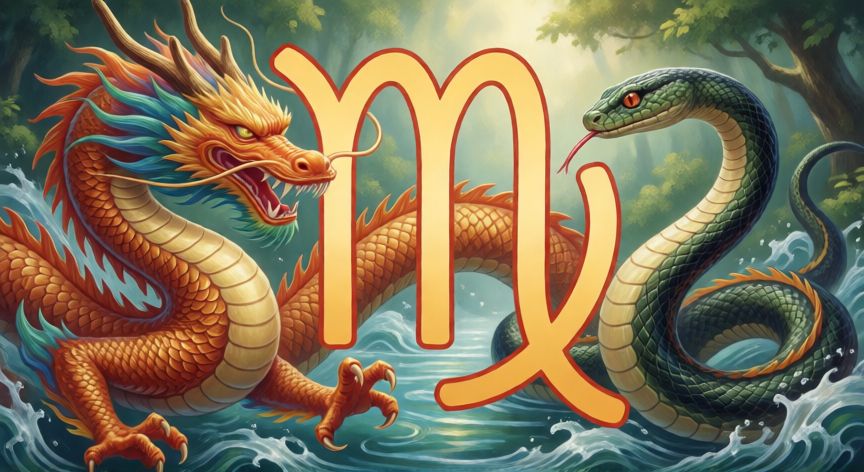 que animal zodiacal es virgo, Dragón y serpiente china junto al símbolo de Virgo en un paisaje natural