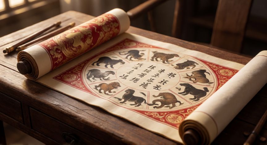Calendario chino tradicional con los doce animales del zodiaco