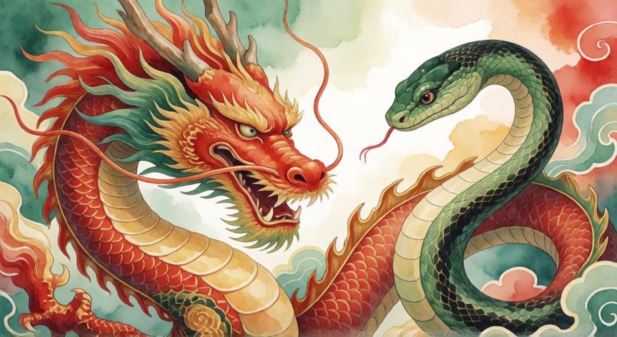 que animal zodiaco chino soy, Ilustración artística del dragón y la serpiente del zodiaco chino